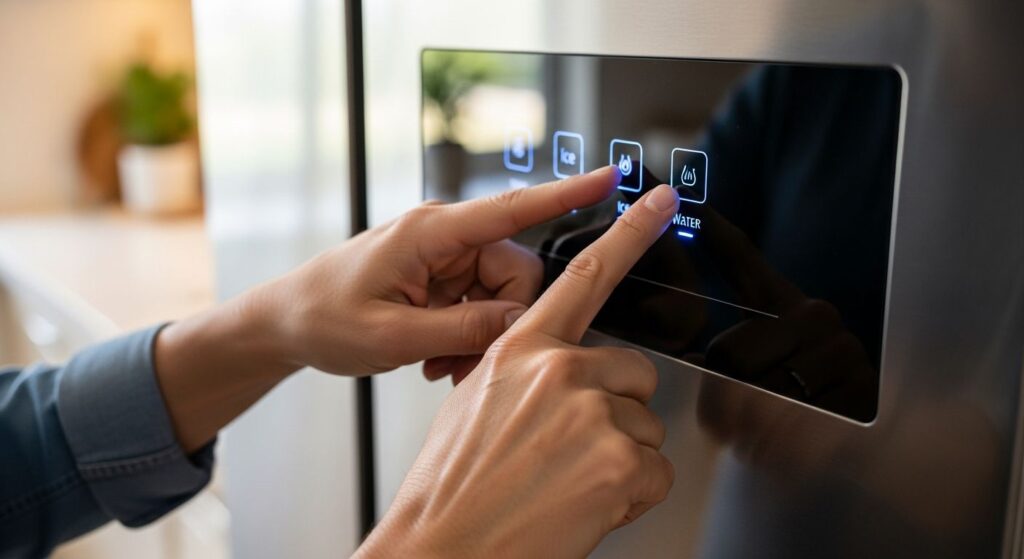 Mani che premono contemporaneamente due sensori luminosi sul display touch frontale di un frigorifero smart per forzare il riavvio della scheda elettronica.