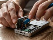 Modding iPod Classic: come sostituire hard disk e batteria nel 2026 Mani adulte che riparano un vecchio lettore musicale argentato su una scrivania di legno con attrezzi in plastica.