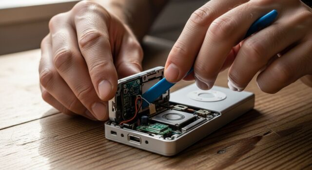 La guida completa per modificare e resuscitare il tuo vecchio iPod Mani adulte che riparano un vecchio lettore musicale argentato su una scrivania di legno con attrezzi in plastica.