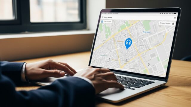 Come usare Google Find Hub per ritrovare cuffie perse Persona che utilizza un computer portatile per localizzare un paio di cuffie smarrite tramite la mappa digitale di Google Find Hub.
