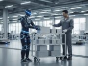 Robot umanoidi nelle fabbriche italiane: la rivoluzione silenziosa della Physical AI nel 2026 Robot umanoide moderno che collabora con un lavoratore in una fabbrica italiana pulita e luminosa.