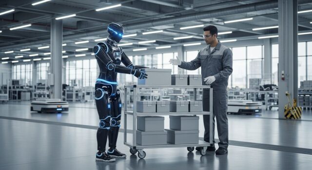 Robot umanoide moderno che collabora con un lavoratore in una fabbrica italiana pulita e luminosa.