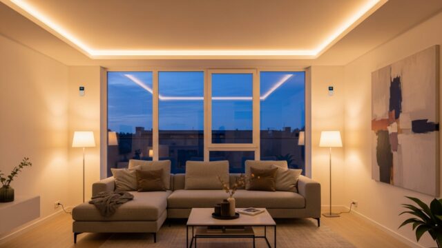 Salotto moderno illuminato da luci calde e dispositivi intelligenti per la casa.
