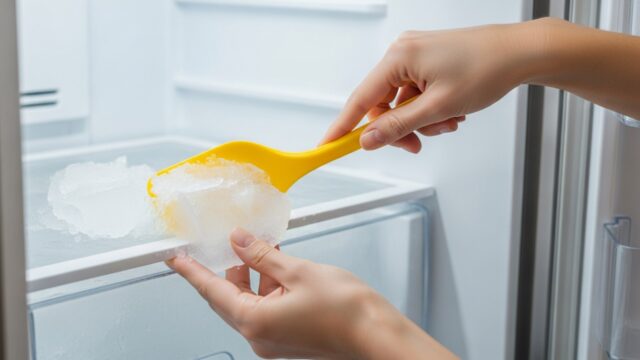 Sbrinare il freezer velocemente senza causare danni irreparabili Mani che rimuovono il ghiaccio dal freezer usando una spatola in plastica flessibile sicura.