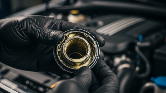 Schiuma bianca tappo olio: cause e soluzioni pratiche Dettaglio di schiuma bianca condensata sotto il tappo dell'olio motore tra le mani di un meccanico professionista.