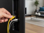 Smart TV e temporali primaverili: l’errore invisibile che brucia la scheda madre Mano che scollega il cavo di rete LAN giallo dal retro di una Smart TV per proteggere la scheda madre dalle sovratensioni da fulmine durante un temporale.