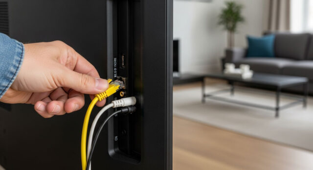Mano che scollega il cavo di rete LAN giallo dal retro di una Smart TV per proteggere la scheda madre dalle sovratensioni da fulmine durante un temporale.