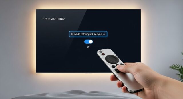 Primo piano di telecomando moderno puntato su Smart TV con menu HDMI-CEC Simplink e Anynet+ attivo per risolvere accensioni notturne improvvise