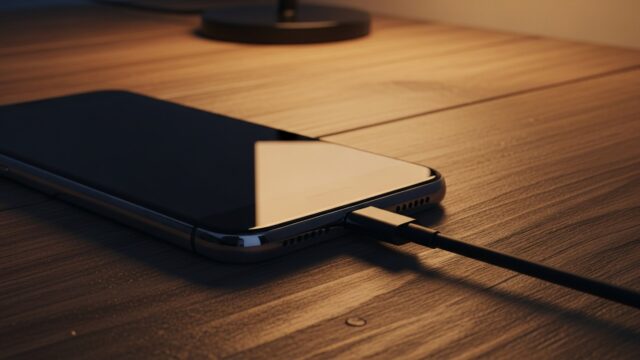 L'errore della ricarica notturna che distrugge la batteria Primo piano di uno smartphone moderno appoggiato su un tavolo in legno scuro mentre viene ricaricato tramite un cavo USB-C nero in un ambiente domestico con luce calda e soffusa.