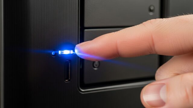 Un dito indica la luce lampeggiante del disco fisso su un computer nero