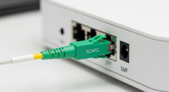 Spia rossa sul modem: la soluzione al blocco Cavo in fibra ottica con connettore verde piegato sul retro del router