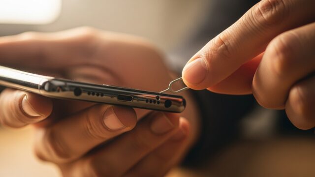 Cosa succede se infili lo spillo nel microfono Mani che inseriscono lo spillo della SIM nella parte inferiore di uno smartphone