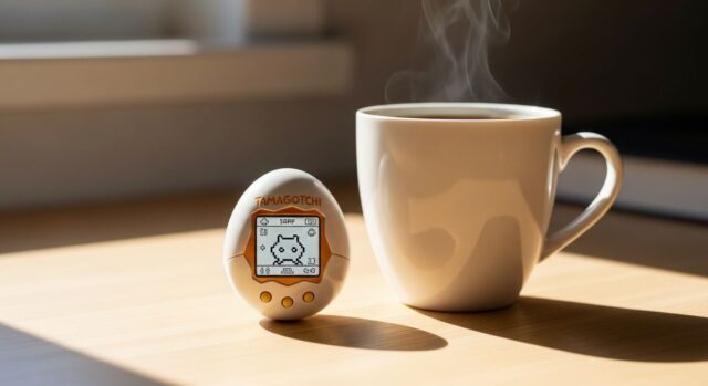 Dettaglio di un Tamagotchi originale appoggiato su una scrivania di legno.