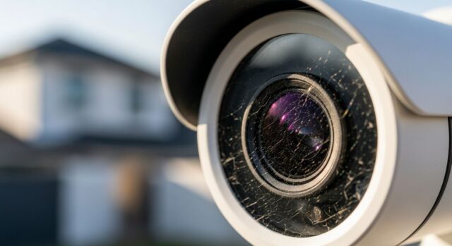 Telecamera Wi-Fi con ragnatele sulla lente Telecamera di sicurezza esterna con lente opacizzata e ragnatele illuminate dai sensori notturni
