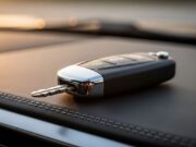 Telecomando dell’auto scarico: il trucco nascosto per sbloccare la portiera Dettaglio macro di un telecomando auto con la chiave meccanica di emergenza parzialmente estratta dal guscio.