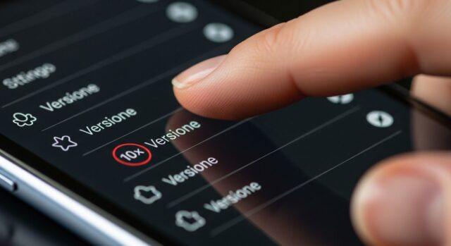 Primo piano macro di un dito che esegue 10 tap sulla voce Versione nelle impostazioni per sbloccare il menu segreto sviluppatore e risolvere i crash wireless.