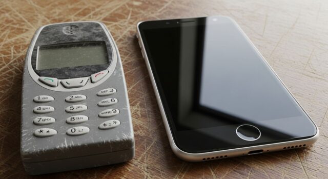 Vecchio cellulare Nokia a tasti usurato a confronto con uno smartphone moderno sul tavolo, simbolo del trend digital detox e dumbphone