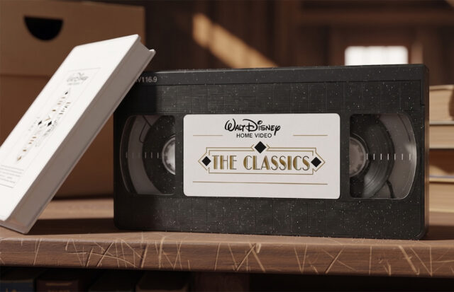Una videocassetta VHS vintage nera della Walt Disney Home Video con l'etichetta "The Classics" appoggiata su un ripiano di legno in una soffitta polverosa.