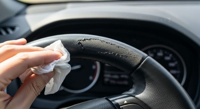 Dettaglio in primo piano di un volante in pelle dell'auto rovinato e scrostato a causa dell'uso errato di salviettine umidificate