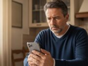 Account Facebook bloccato: la procedura giusta per rientrare senza perdere tutto Uomo di 50 anni in cucina guarda preoccupato lo smartphone con account Facebook bloccato