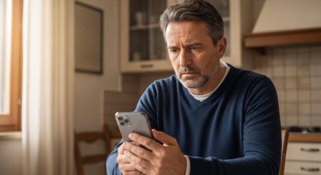 Uomo di 50 anni in cucina guarda preoccupato lo smartphone con account Facebook bloccato