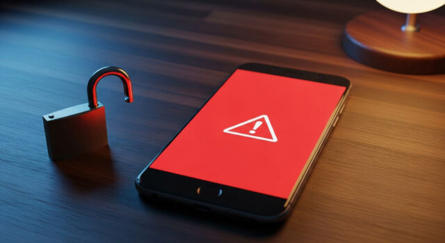 Smartphone con schermata di allarme rossa e lucchetto aperto sul tavolo