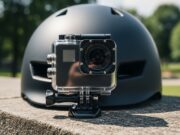 Action cam che si spegne in vacanza: l’errore della custodia impermeabile che blocca il calore Action cam nera inserita in una custodia trasparente montata su un casco da bicicletta appoggiato su un muretto di pietra sotto il sole estivo.