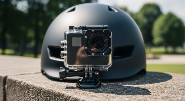 Action cam con custodia impermeabile su casco da bici in estate Action cam nera inserita in una custodia trasparente montata su un casco da bicicletta appoggiato su un muretto di pietra sotto il sole estivo.