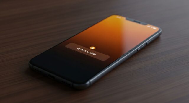 Smartphone con notifica di aggiornamento di sistema su schermo arancione, appoggiato su superficie scura