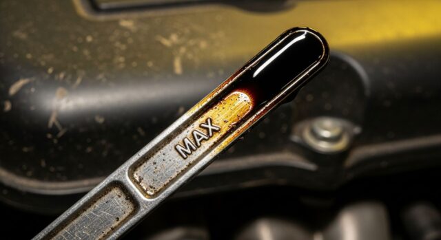 Olio motore: errore comune che brucia il motore in silenzio Astina di controllo del livello dell'olio motore estratta che mostra un livello di lubrificante oltre la soglia massima consentita.