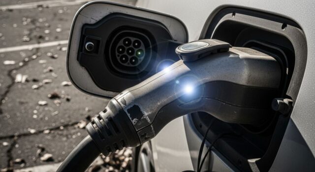 Connettore di ricarica usurato su auto elettrica usata Presa di ricarica impolverata di un'auto elettrica usata collegata alla colonnina pubblica.