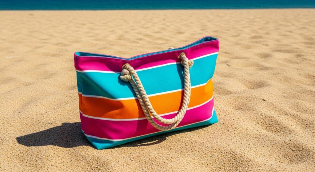 Borsa da spiaggia colorata chiusa sulla sabbia sotto il sole estivo