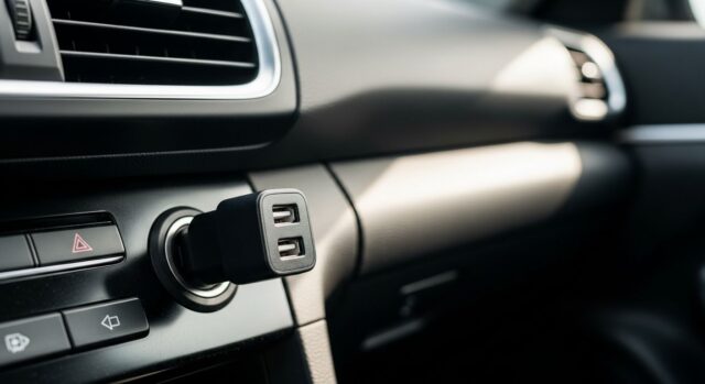 aricatore USB doppio inserito nella presa accendisigari di un'auto moderna con quadro spento