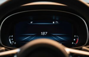 Chilometri truccati: come verificare i km reali prima di comprare un’auto usata Cruscotto digitale di un'auto usata che mostra un chilometraggio potenzialmente alterato