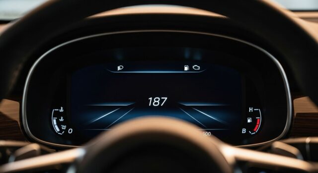 Cruscotto digitale di un'auto usata che mostra un chilometraggio potenzialmente alterato
