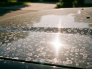 Lavare l’auto al sole opacizza la vernice: l’errore del pomeriggio estivo Dettaglio dei danni al trasparente e aloni di calcare sul cofano rovente di una vettura estiva.