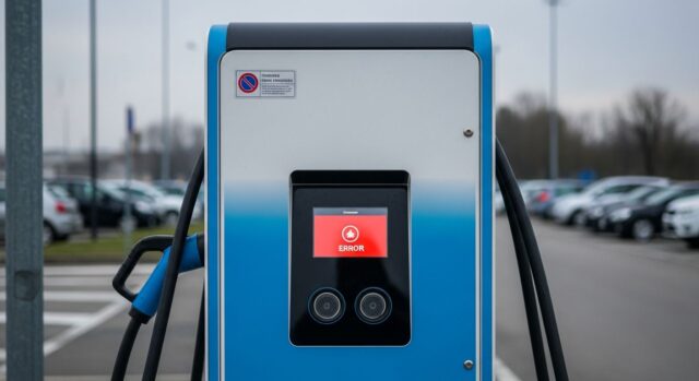 Colonnina di ricarica elettrica con schermo rosso di errore in un parcheggio italiano