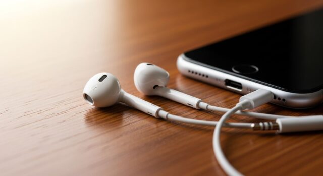 EarPods con cavo bianco appoggiati su scrivania in legno accanto a smartphone