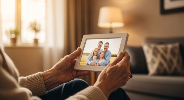 Mani anziane tengono una cornice digitale con foto di famiglia in un salotto luminoso