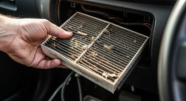 Filtro abitacolo auto sporco estratto dal vano sotto il cruscotto