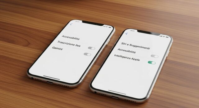 Funzioni AI smartphone: le impostazioni che quasi nessuno attiva Due smartphone su tavolo in legno con schermate delle impostazioni AI aperte: Trascrizione live e Gemini su Android, Intelligenza Apple su iPhone