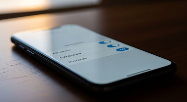 Schermata permessi Android con Microfono, Fotocamera e Posizione su smartphone moderno