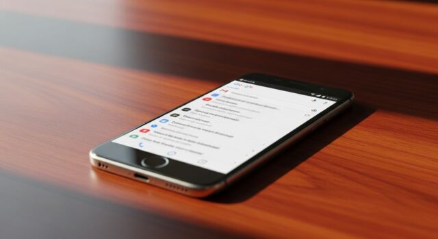 Smartphone in alluminio su scrivania di legno con schermo illuminato