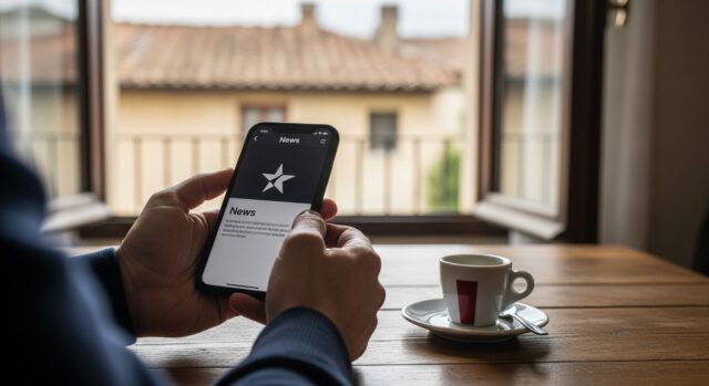 Google Fonti Preferite in Italia Mani che tengono uno smartphone con la schermata Google News e l'icona a forma di stella per le fonti preferite