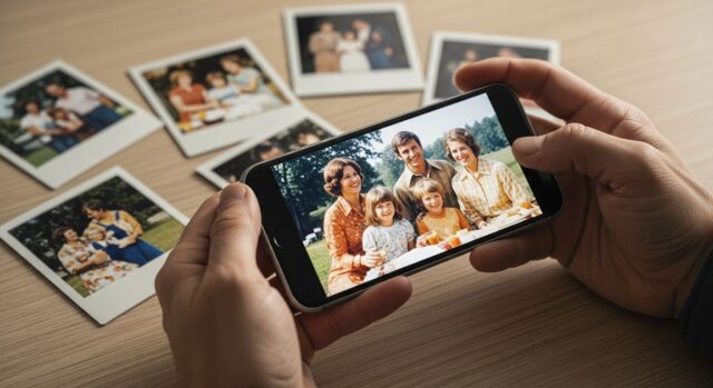 Mani di una persona che tiene uno smartphone con una vecchia foto di famiglia modificata dall'intelligenza artificiale, appoggiato su una scrivania con polaroid originali.