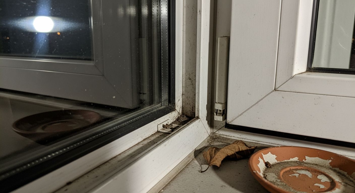 Dettaglio crudo di una zanzariera usurata su un balcone buio illuminato dal flash.