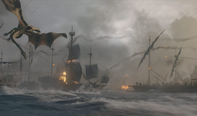 Un drago sorvola una battaglia navale nella stagione 3 di "House of the Dragon" su Sky