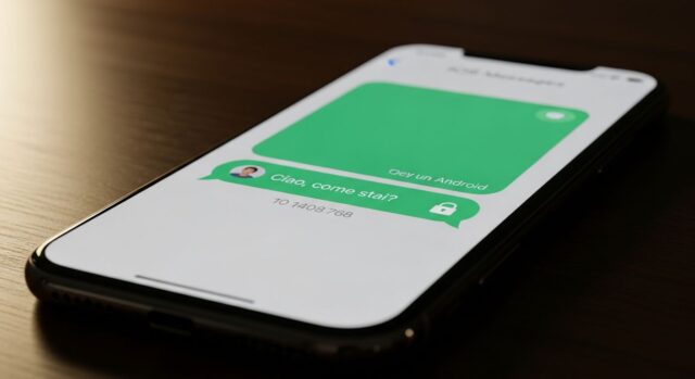 iPhone con schermata app Messaggi che mostra nuvoletta verde con contatto Android e lucchetto di crittografia RCS visibile