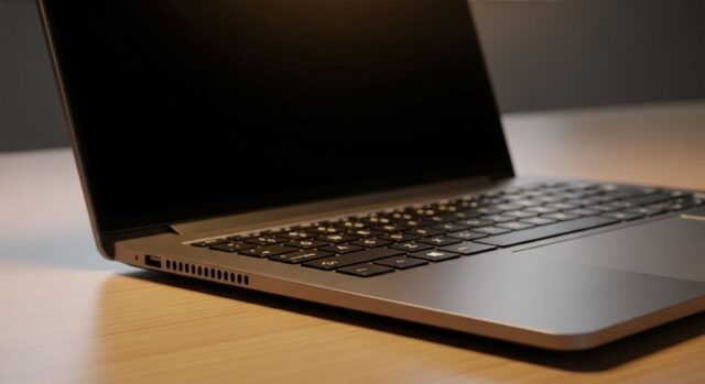 Laptop bollente: la causa nascosta che rallenta tutto Computer portatile moderno appoggiato su una scrivania di legno con le prese d'aria inferiori in evidenza per il raffreddamento.