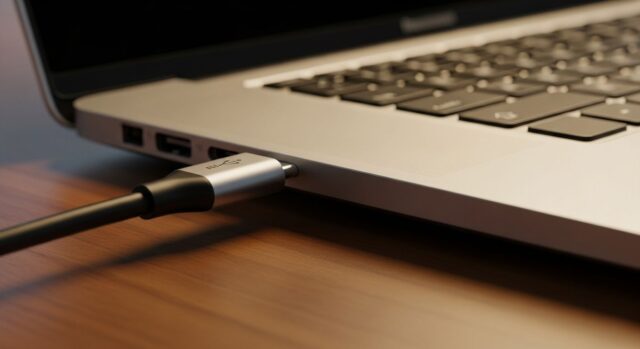 Cavo USB-C collegato a un laptop moderno su scrivania, normativa europea 2026